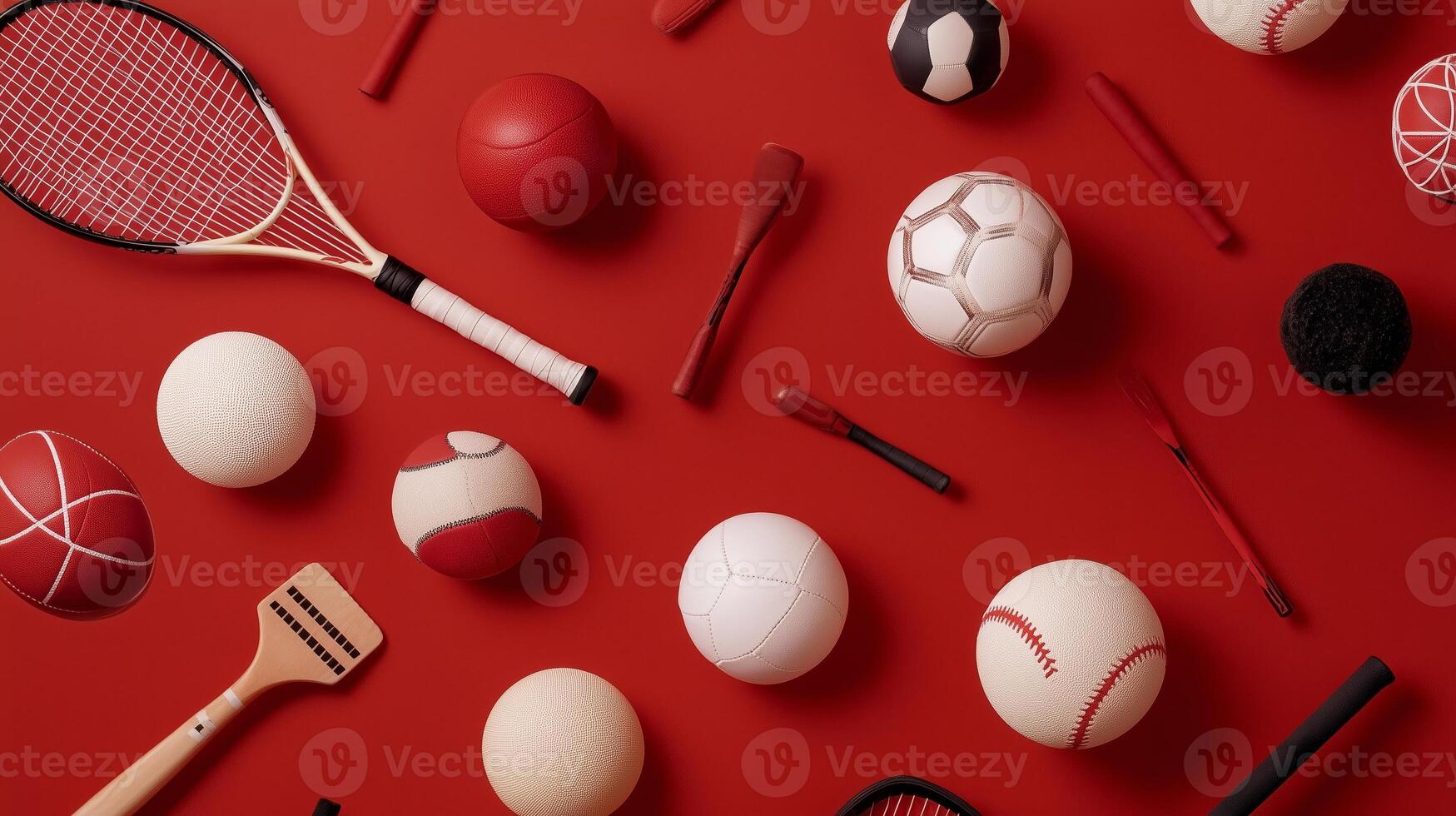 Collection of various sports balls and equipment arranged artistically on a vibrant red background for artistic display photo