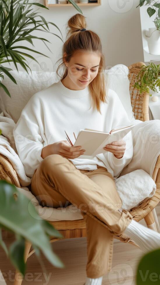 Young woman sitting in a cozy chair in a plant-filled room, enjoying her time writing in a notebook during the afternoon photo