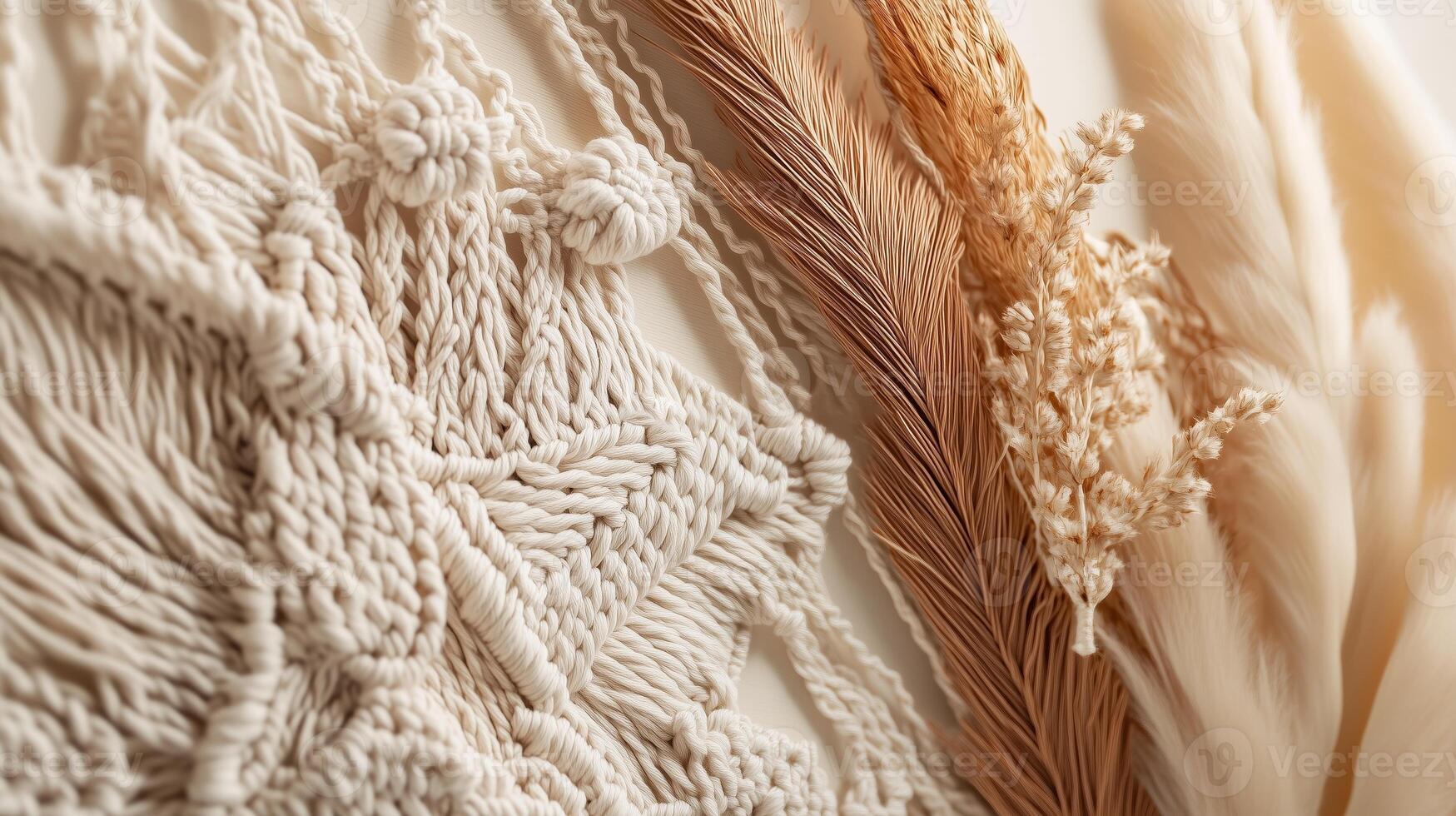 Textured macrame wall hanging with dried grass and decorative elements displayed in a cozy indoor setting photo