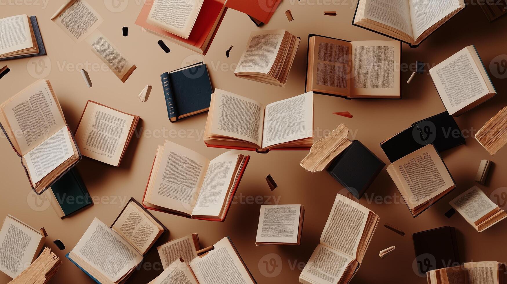 Creative arrangement of floating books in mid-air with diverse cover designs and open pages showcasing printed text photo