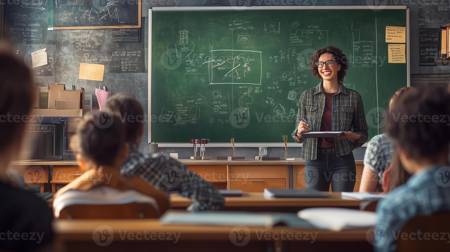 A teacher engages students in a dynamic classroom discussion about science concepts during a sunny afternoon in a high school photo