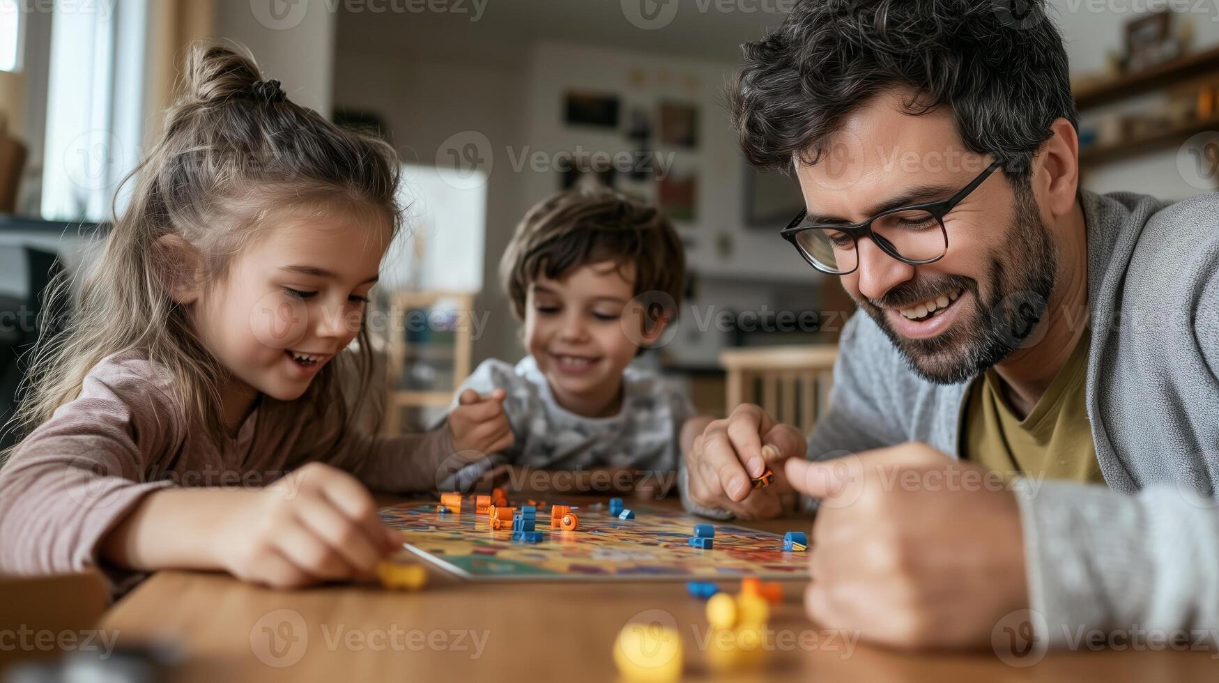 Family game night at home with kids enjoying board games while a father smiles, capturing a joyful moment of togetherness photo