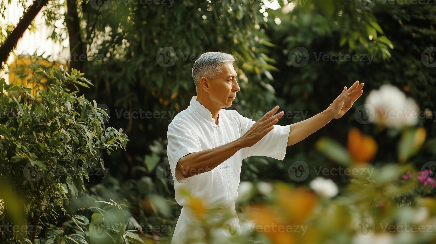 Elderly man practices tai chi in a serene garden during the early morning hours surrounded by lush greenery and blooming flowers photo