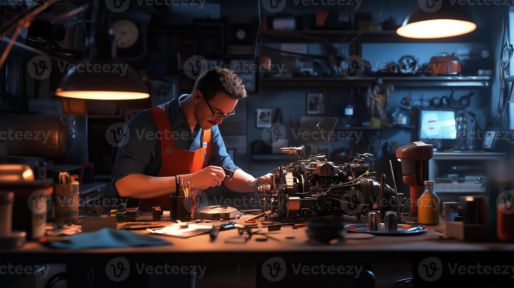 A mechanic carefully repairs an engine in a well-equipped workshop during the evening hours, surrounded by tools and parts photo