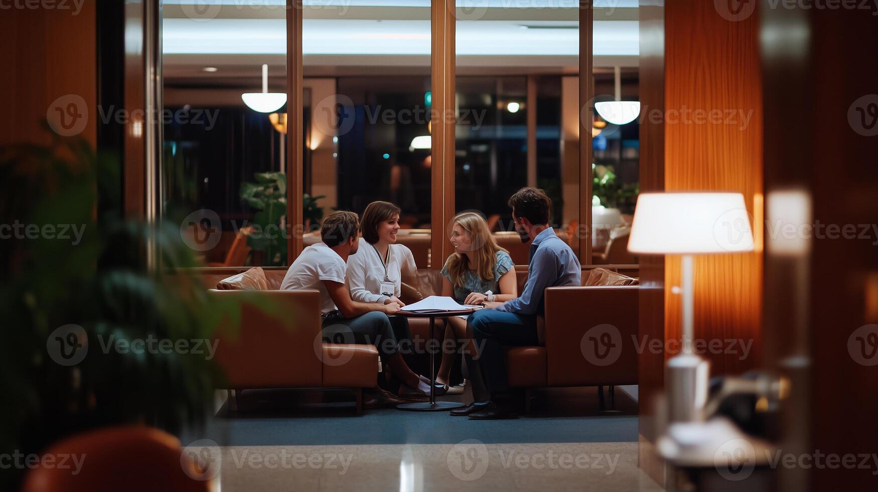 A group of friends engaged in a lively discussion at a modern lounge in the evening, surrounded by soft lighting and comfortable seating photo
