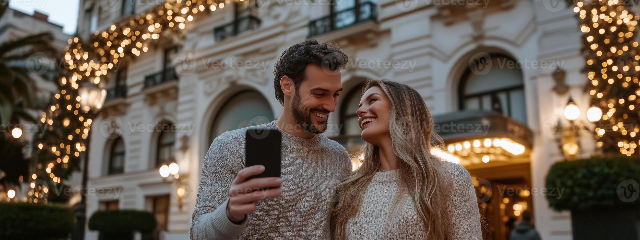 A couple enjoys a festive evening stroll near a beautifully decorated building adorned with holiday lights photo