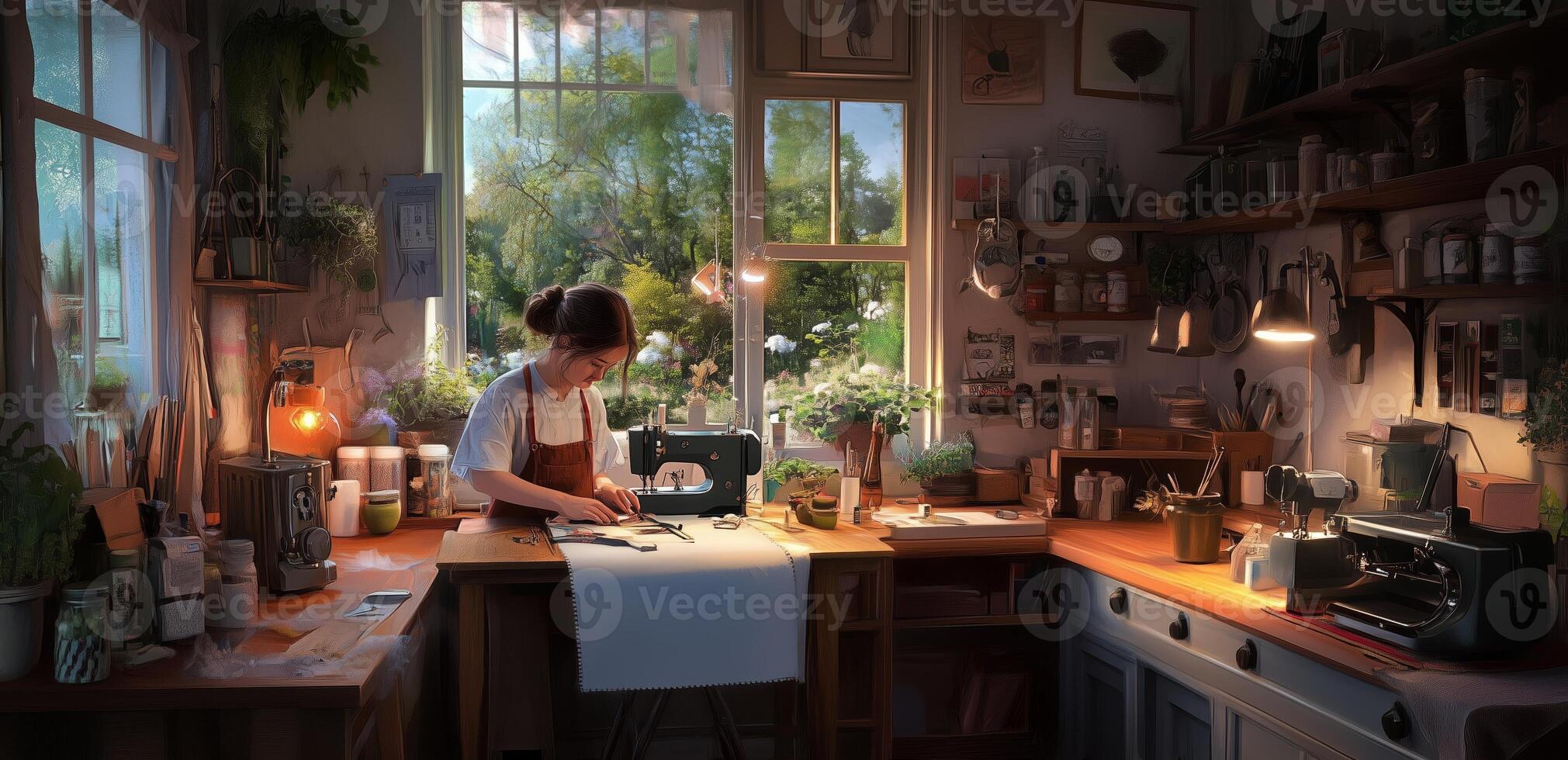 A woman sewing at a sunlit table in a cozy crafting room filled with plants and natural light in the afternoon photo