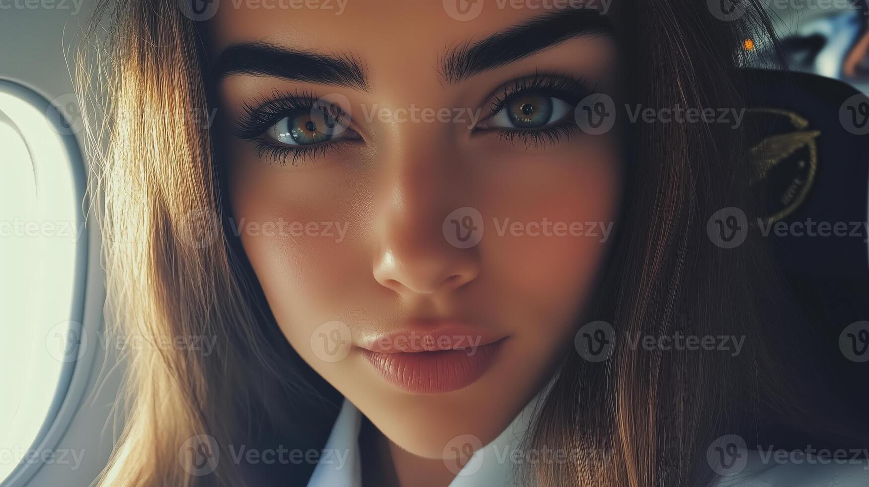 A young woman smiles at the camera while sitting by the airplane window, enjoying her journey in the afternoon light photo