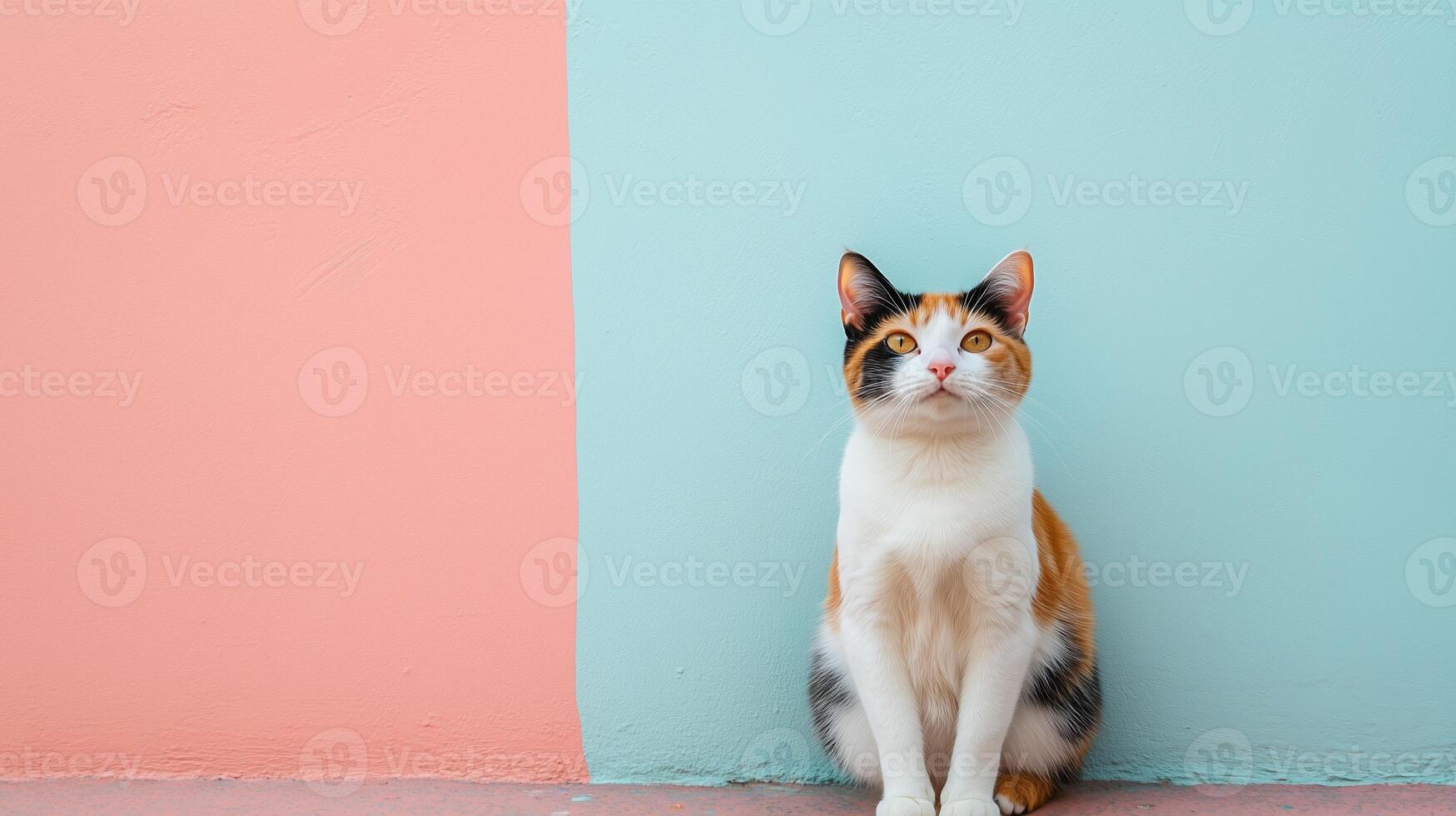 A calico cat sitting calmly against a pastel pink and blue wall on a sunny day, showcasing its vibrant fur and relaxed demeanor photo