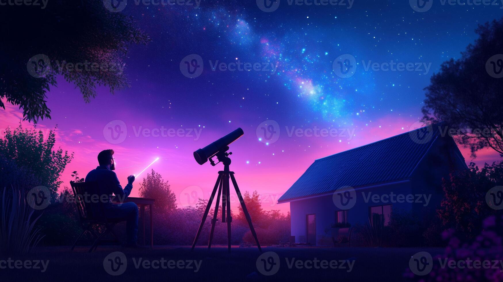 A quiet evening of stargazing with a telescope under a vibrant night sky filled with stars and a beautiful galaxy photo