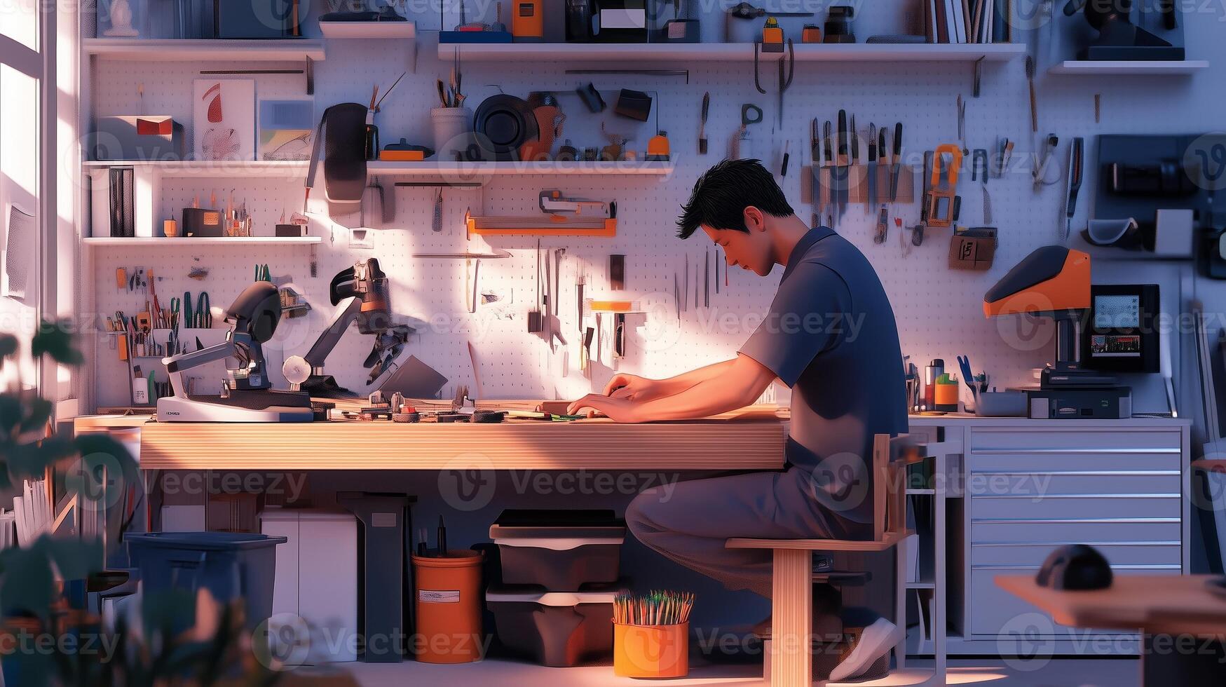 A focused individual working in a well-organized workshop surrounded by various tools and equipment during the afternoon hours photo