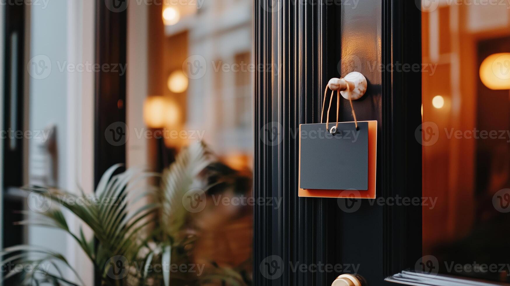A charming storefront with an inviting door sign and warm lighting in the evening creating a welcoming atmosphere for customers photo
