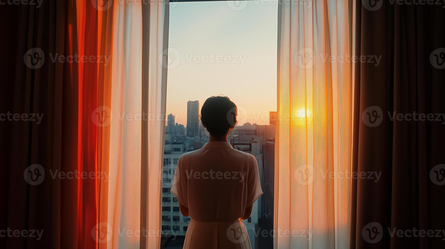 A woman gazing out at the vibrant sunset from a hotel room overlooking a bustling city skyline photo