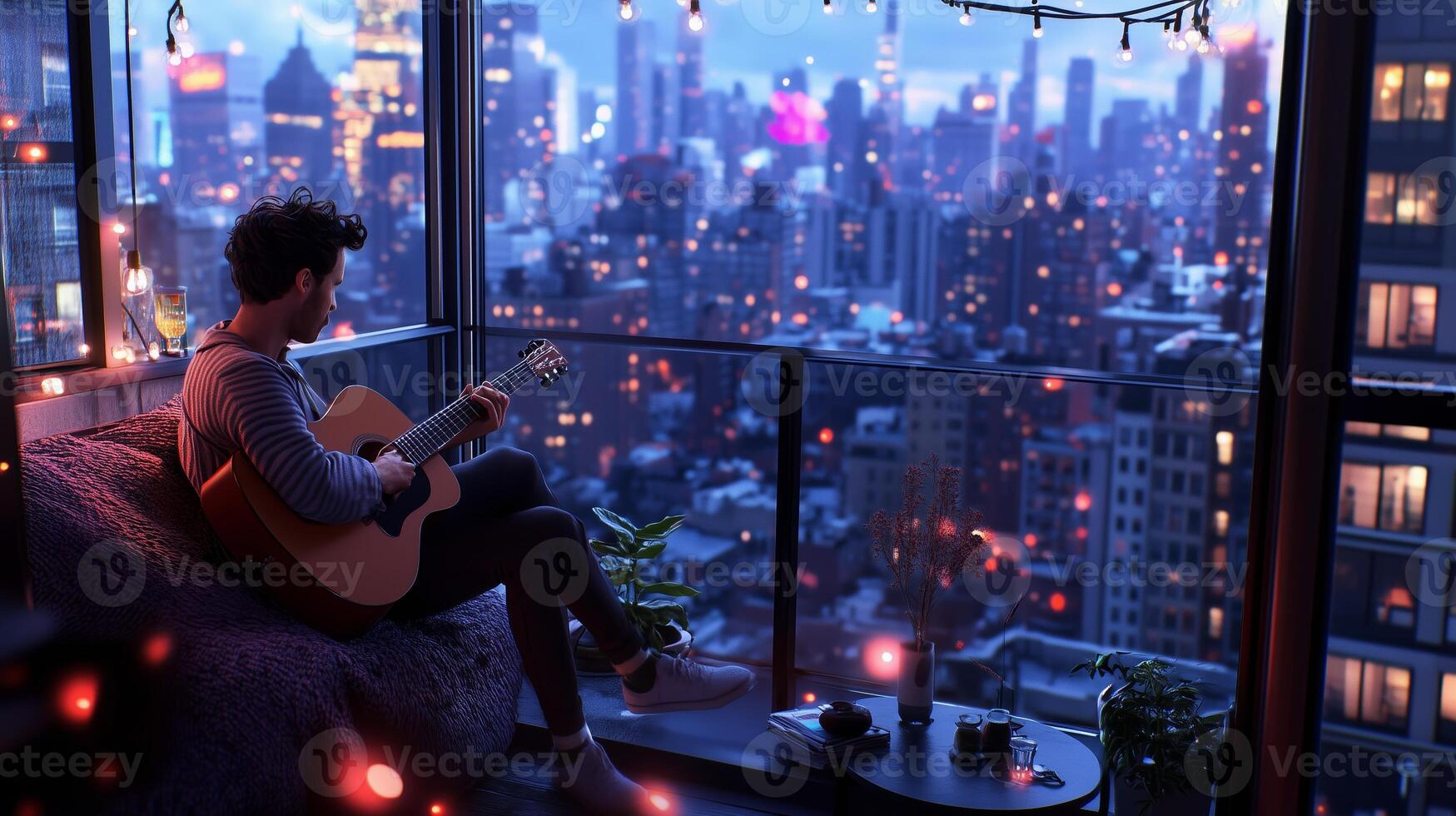 A musician enjoys a relaxing evening playing guitar while overlooking the vibrant city skyline at dusk from a cozy apartment balcony photo