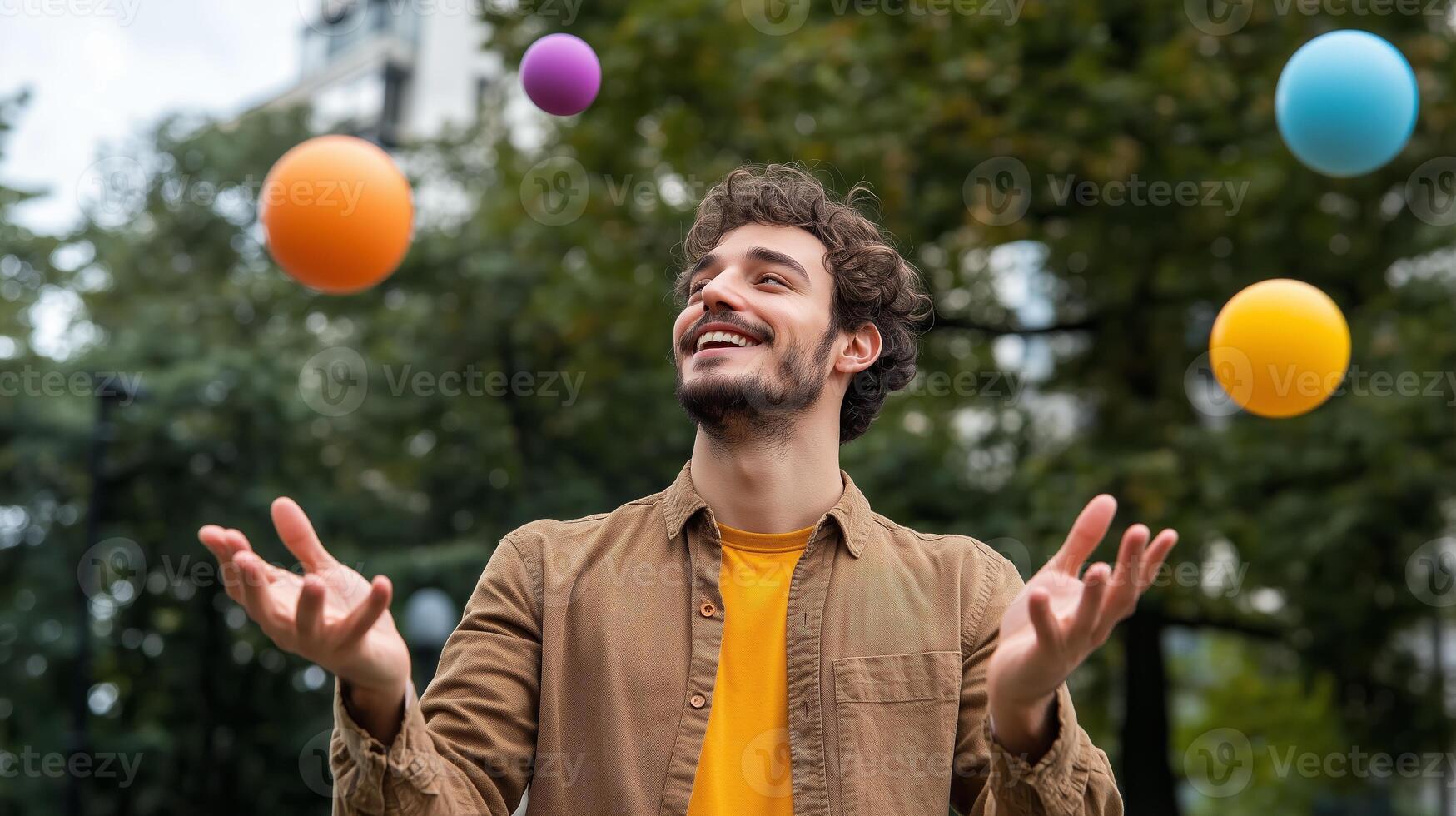 A young man joyfully juggling colorful balls in a park surrounded by lush greenery during a sunny day photo