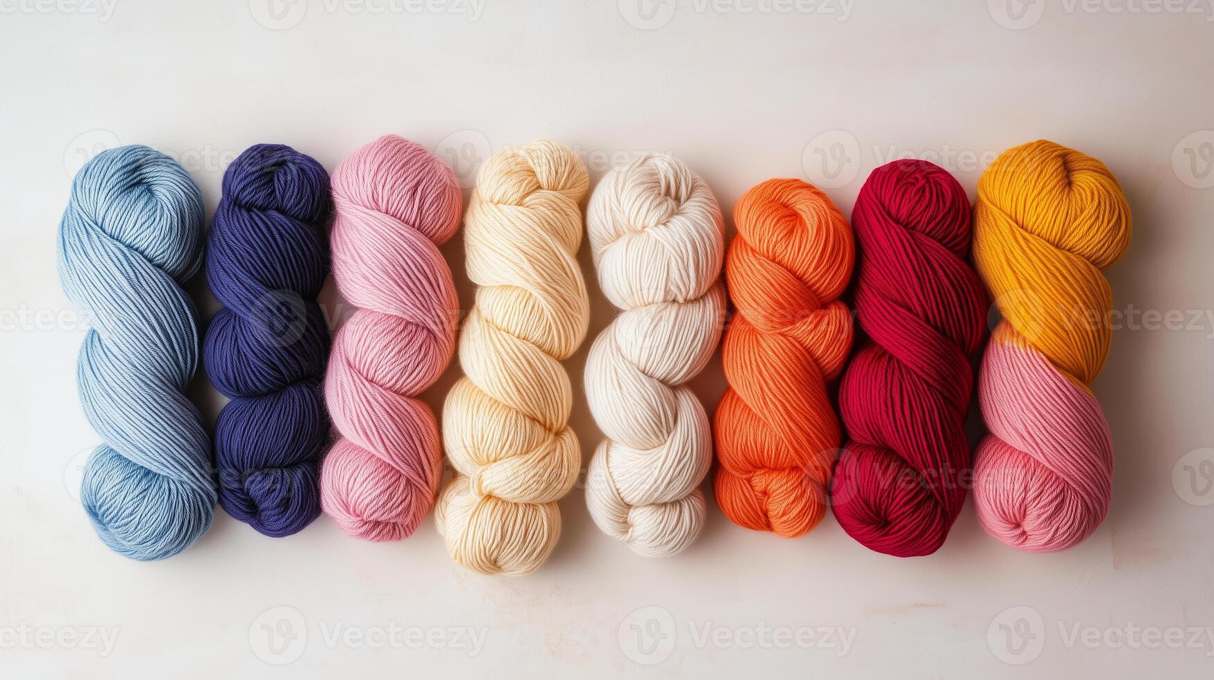 Vivid spools of yarn arranged in a colorful gradient for crafting inspiration at a creative studio photo