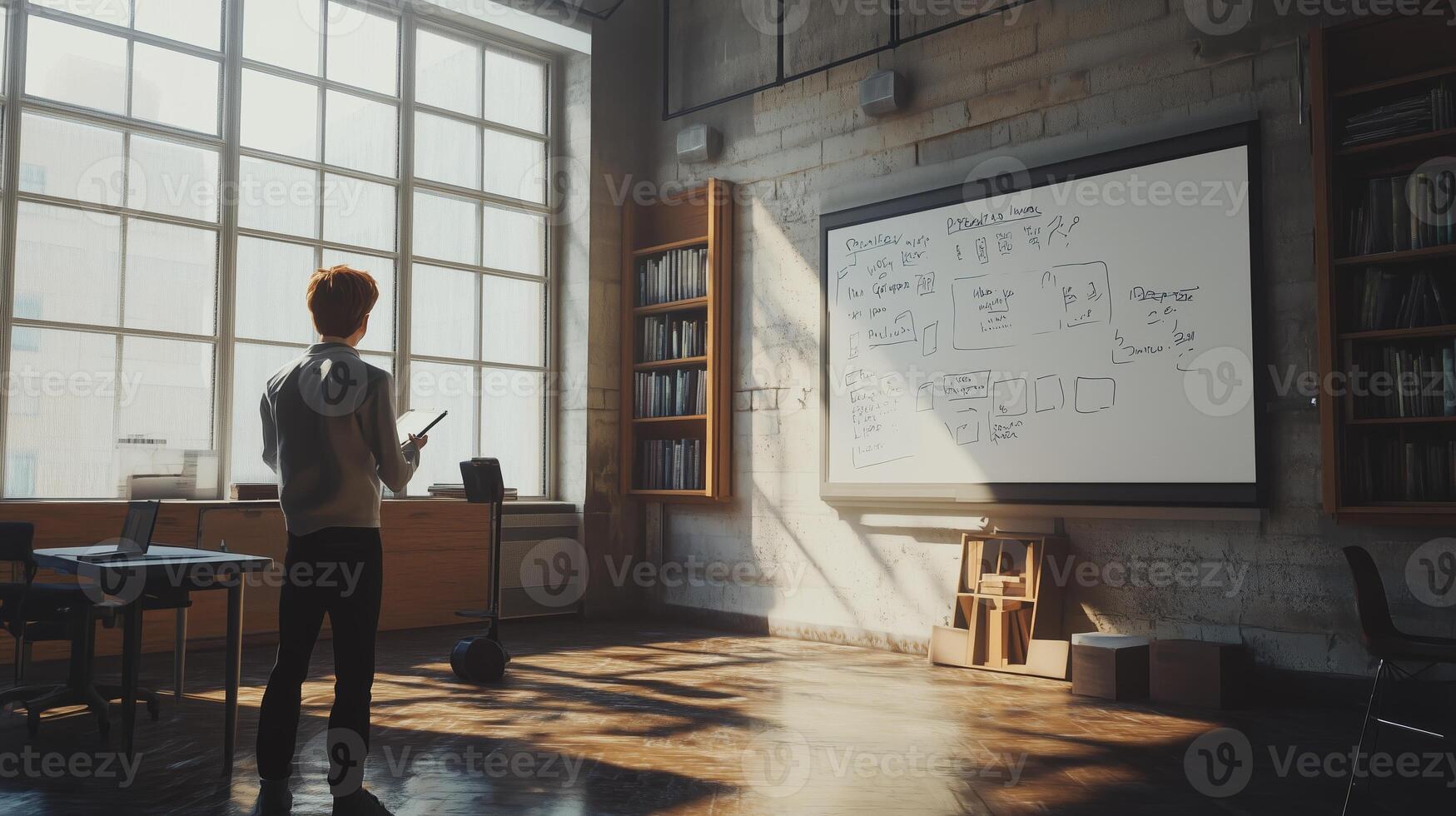 A student is engaged in a presentation while standing in a bright classroom filled with bookshelves and a large whiteboard photo