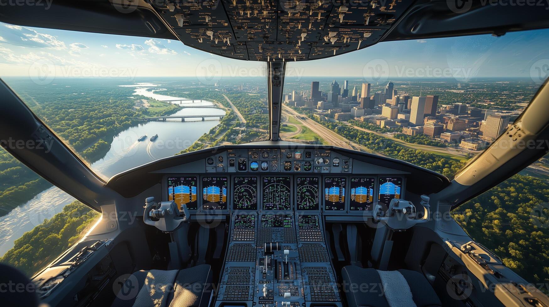 View from the cockpit of a commercial airplane flying over a vibrant city skyline and winding river during golden hour photo