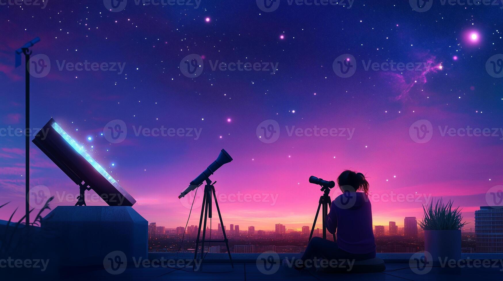 A person observes the starry night sky with telescopes on a rooftop at dusk in an urban environment photo