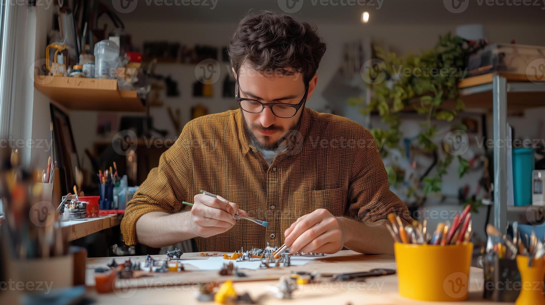 Focused artist meticulously painting miniatures in a well-lit studio filled with art supplies on a sunny afternoon photo