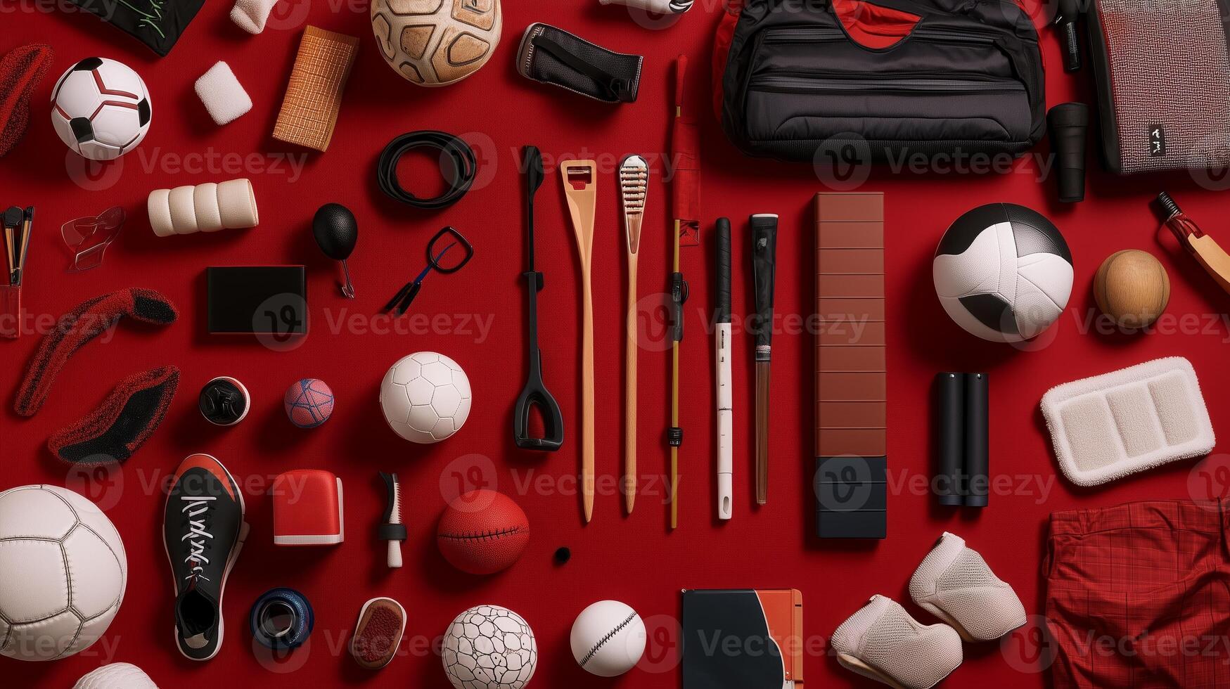 A vibrant arrangement of various sports equipment and accessories on a bold red background, showcasing items for multiple athletic activities photo