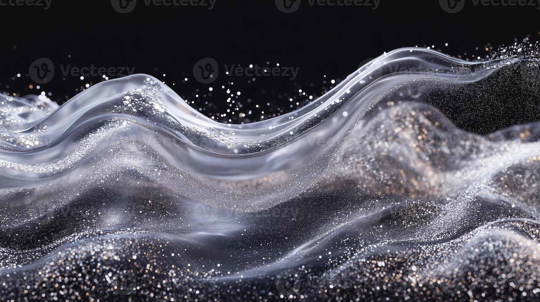 Abstract depiction of flowing silver and white waves against a dark background, showcasing shimmering particles, resembling ethereal beauty at night photo