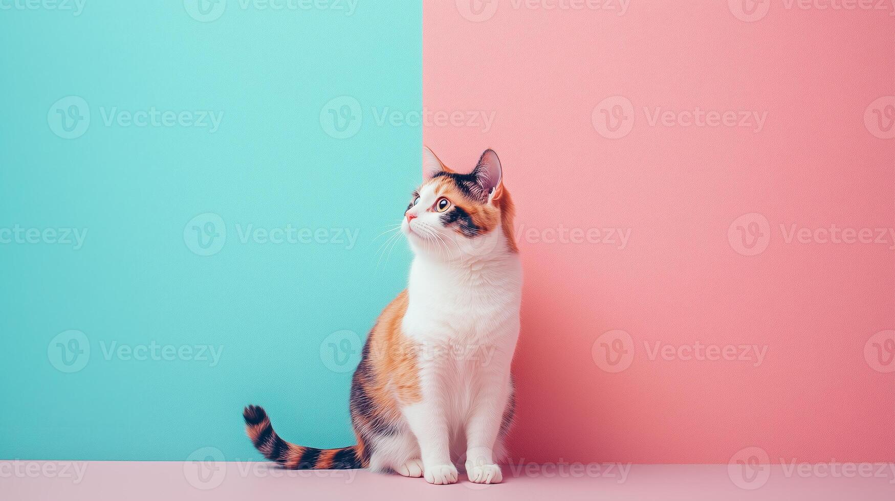 A calico cat sits attentively against a split background of pastel blue and pink colors in a bright indoor setting photo