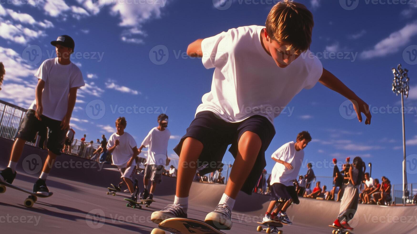 Young skaters practicing tricks at a vibrant skatepark during a sunny afternoon, surrounded by peers and blue skies photo