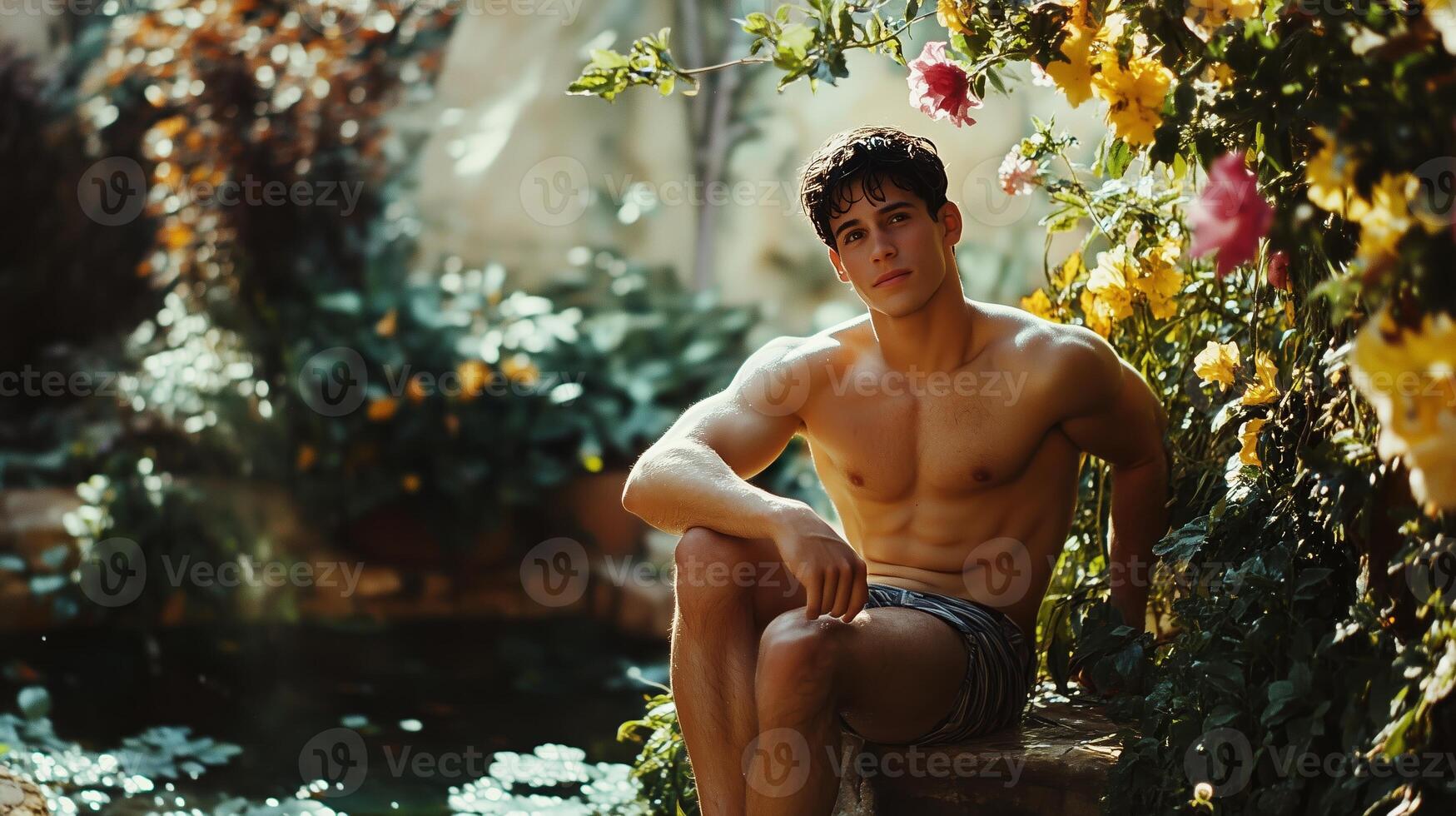 A young man relaxes by a tranquil garden pond surrounded by vibrant flowers on a sunny afternoon photo