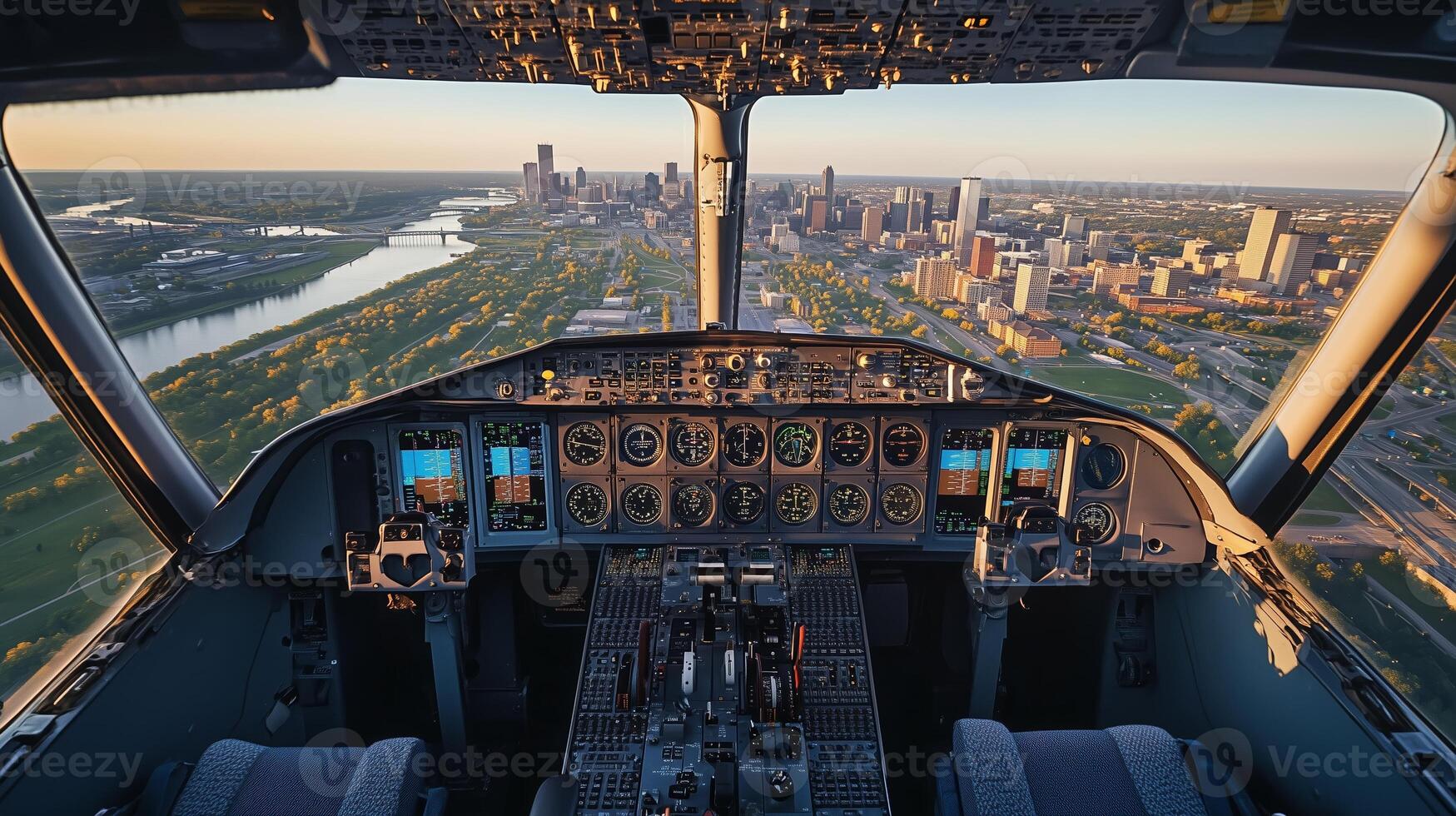 View from the cockpit of an aircraft flying over a cityscape at sunset, showcasing the skyline and rivers below photo