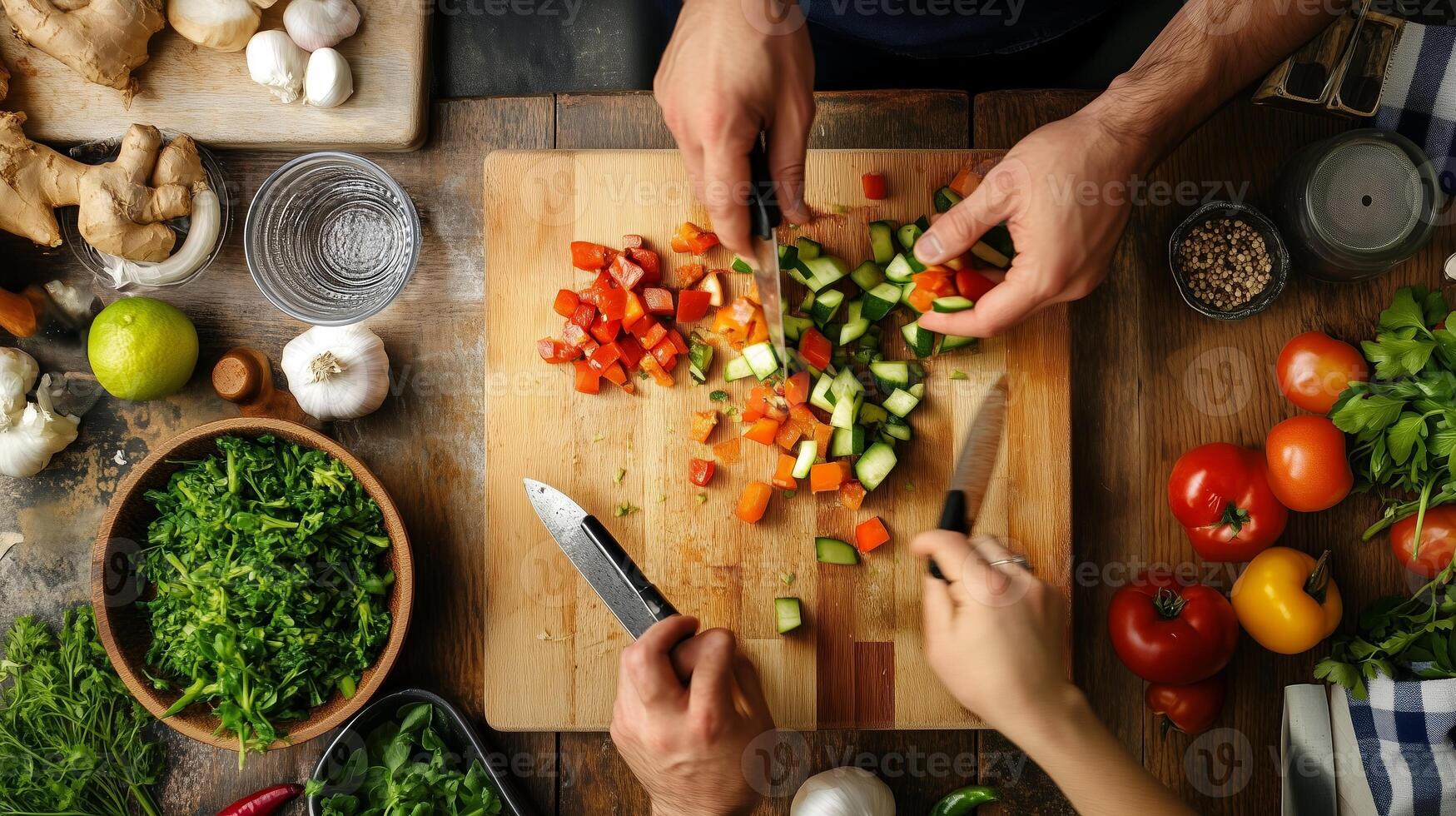 Chopping colorful vegetables on a wooden cutting board in a cozy kitchen with fresh ingredients laid out around photo