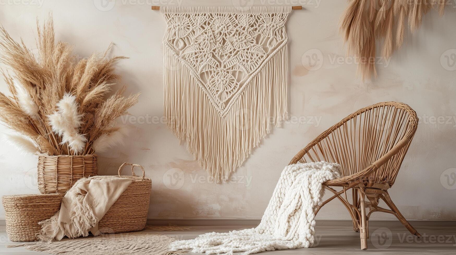 Crafted macrame wall hanging enhances a cozy interior with natural decor and woven textures in a warm-toned living space photo