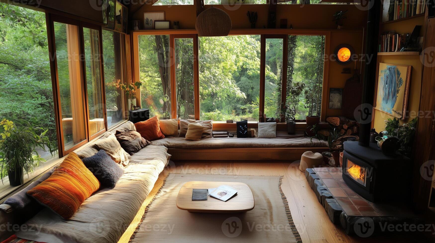 Cozy living room with large windows overlooking a serene forest, featuring comfortable seating and a warm fireplace photo