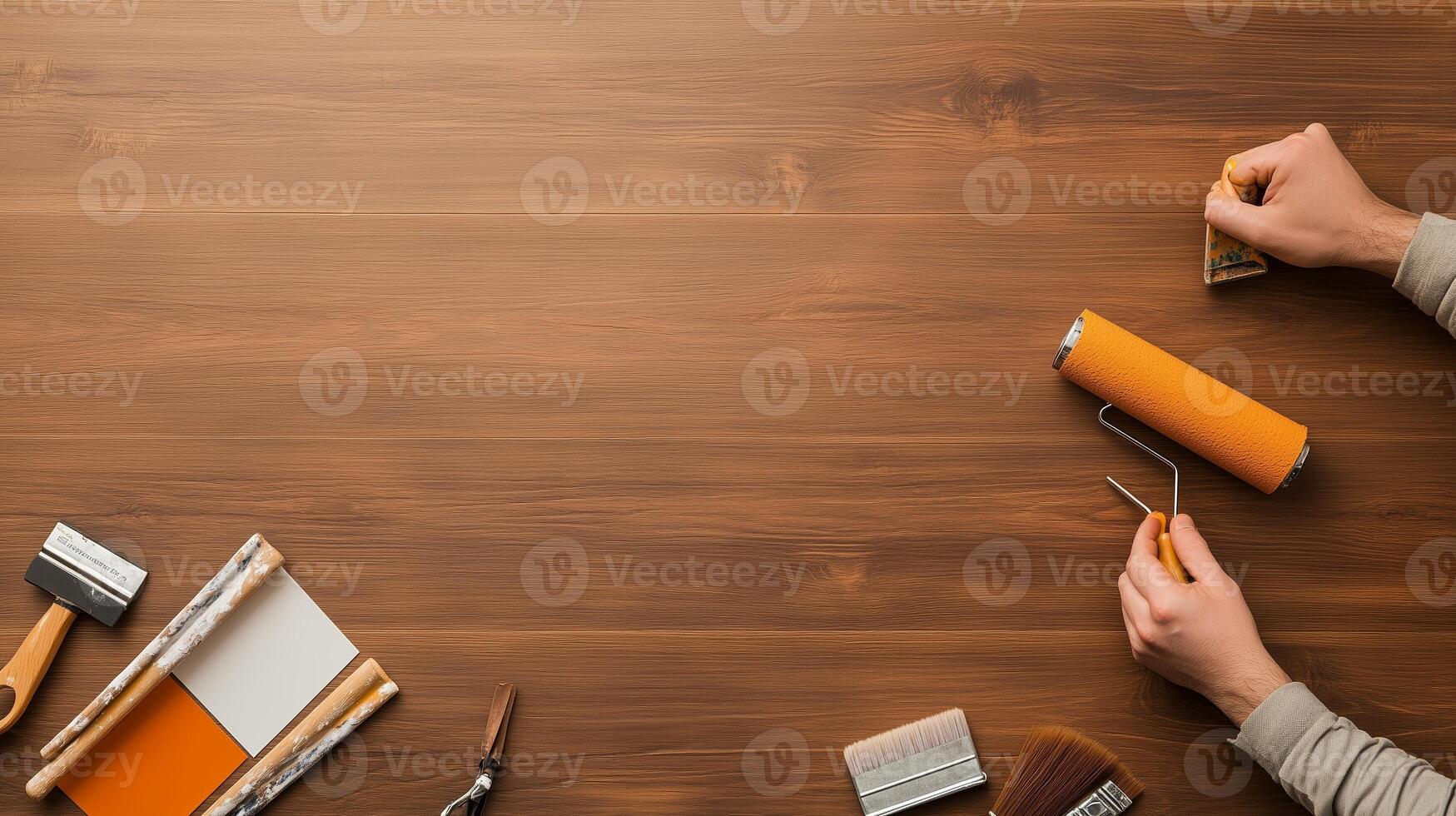 Preparing for a home painting project with tools on a wooden surface in a bright workspace photo