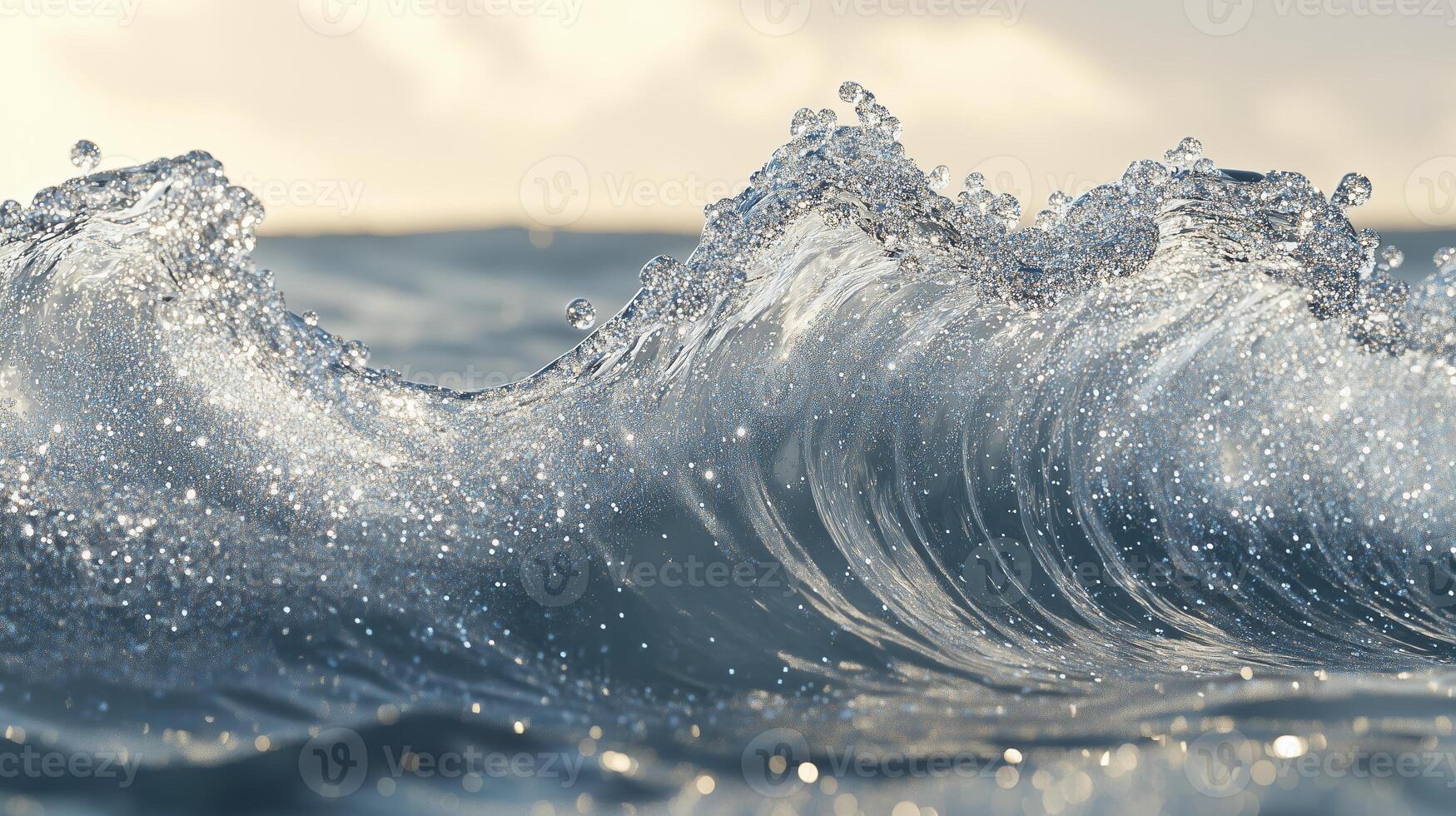 Waves crashing in the afternoon light along a serene ocean shoreline, glistening with droplets under the sun photo