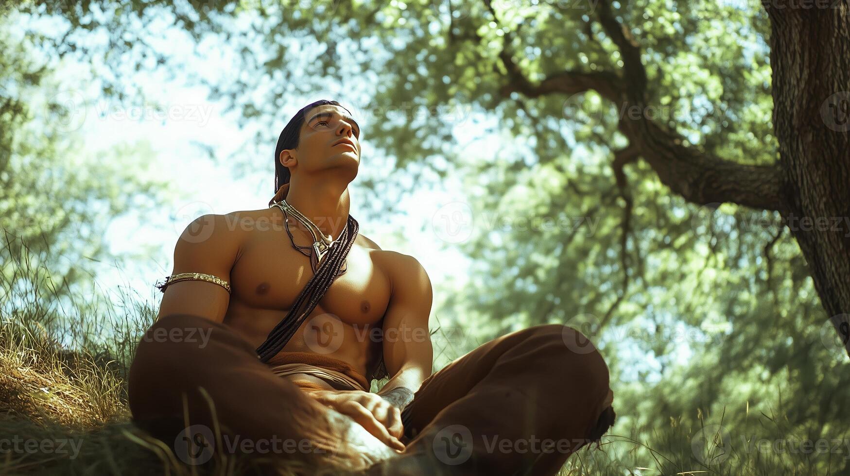 A young man in traditional attire sitting calmly under a large tree, enjoying the tranquility of nature on a sunny day photo