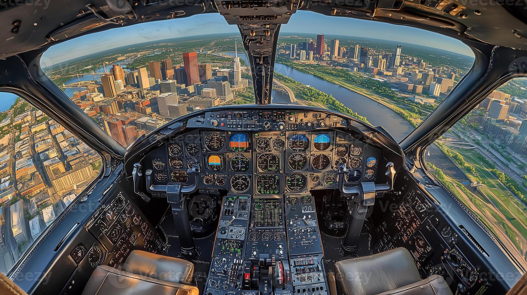 Aerial view from the cockpit of an aircraft flying over a vibrant cityscape during the day, showcasing the skyline and river photo