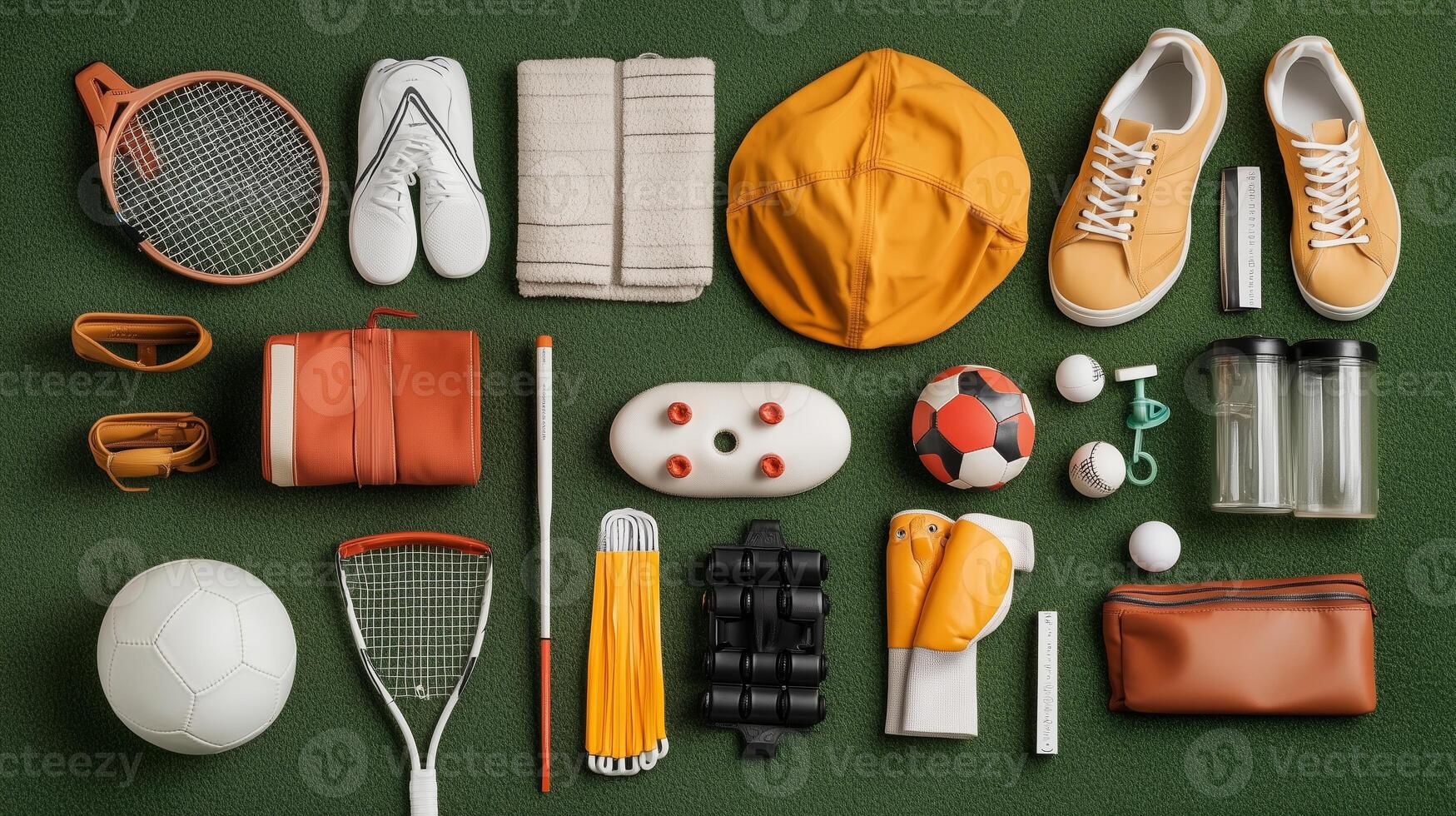 A vibrant collection of sports equipment and accessories laid out on a green surface for a recreational activity photo