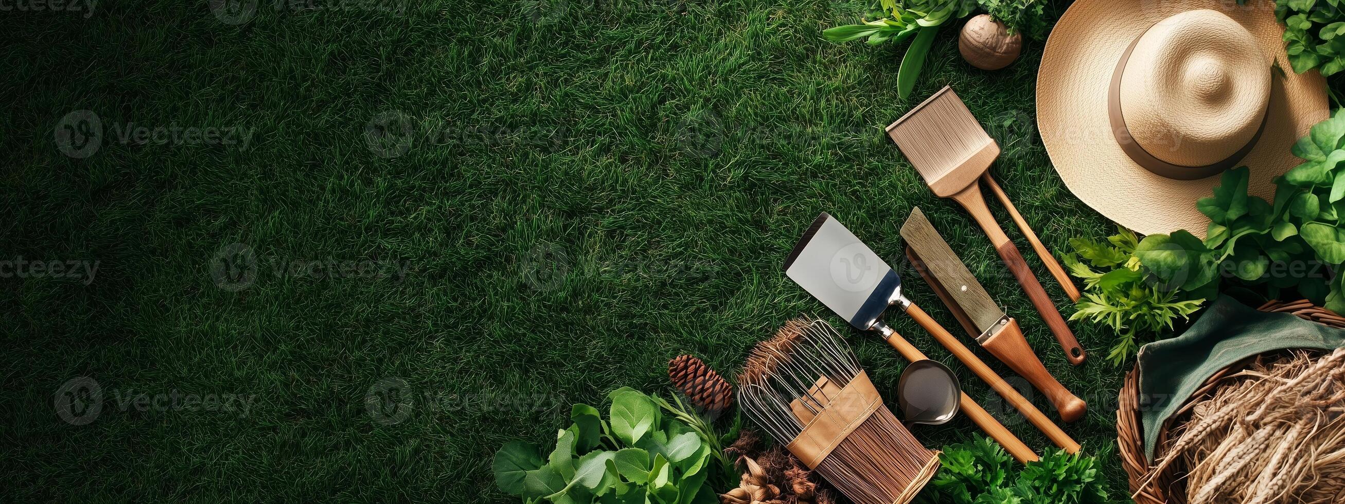 Gardening tools and accessories arranged on a lush green grass surface with natural elements and a sun hat nearby photo