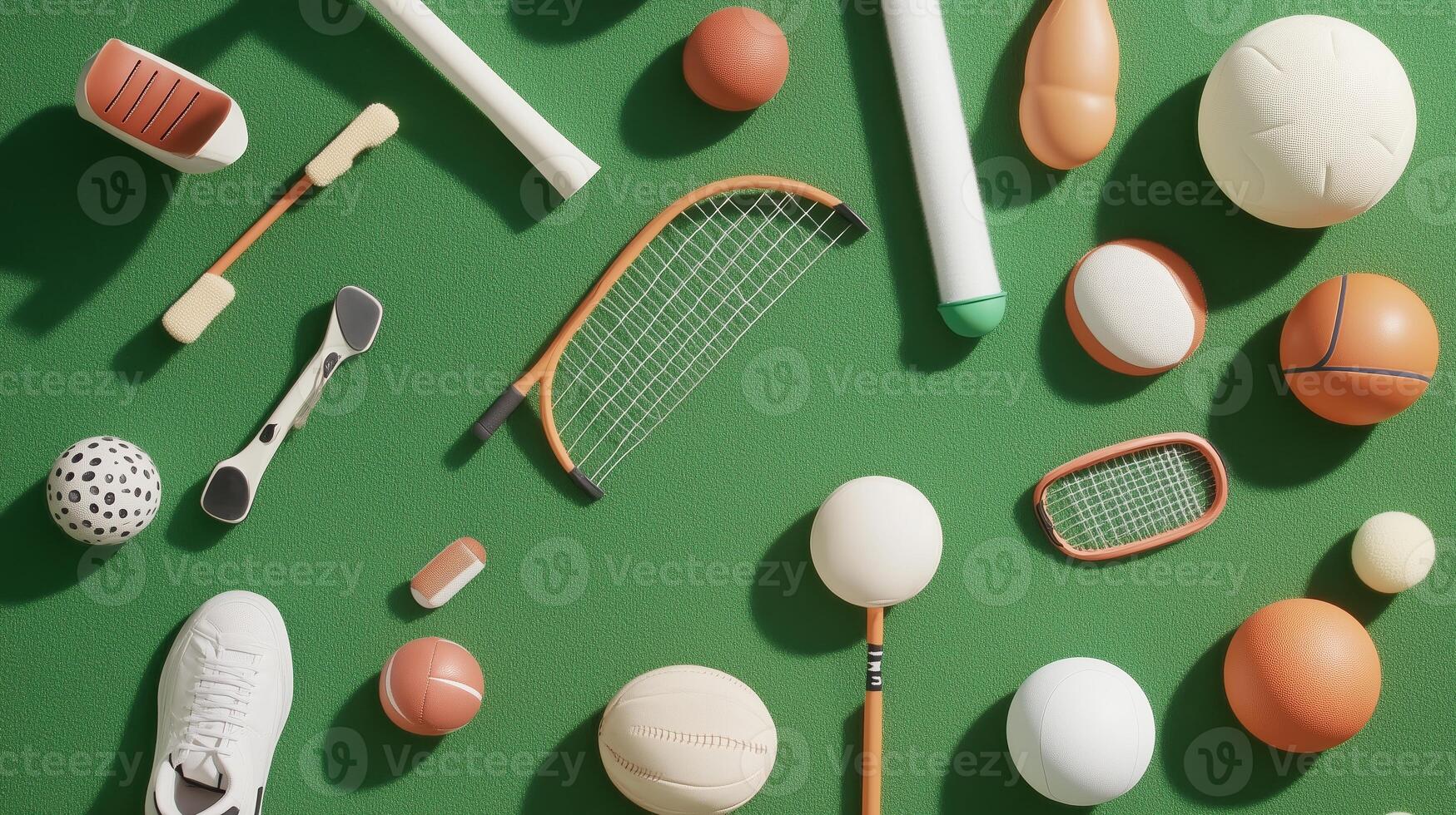 A collection of various sports equipment arranged on a green surface showcasing different balls and racquets in creative layout photo