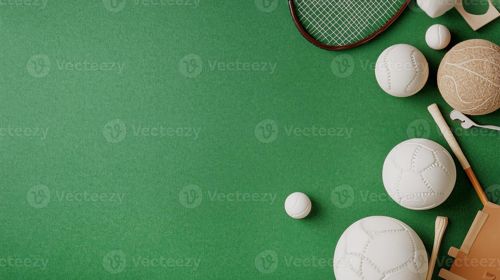Various white sports balls and equipment arranged on a green surface creating an appealing sports-themed display photo