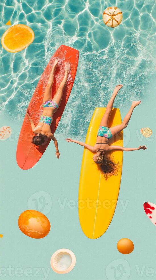 Two surfers enjoying a vibrant summer day on colorful boards in a sparkling blue pool surrounded by floating fruit photo