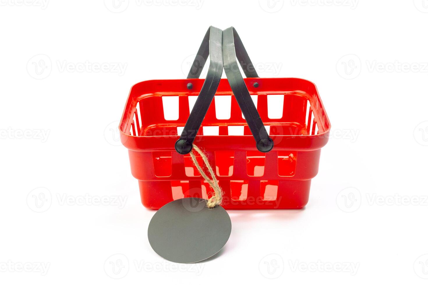 shopping cart with empty price tag isolated on white background photo