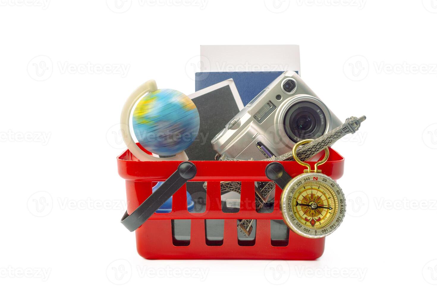 Multiple office tools in a shopping cart, isolated on white background photo