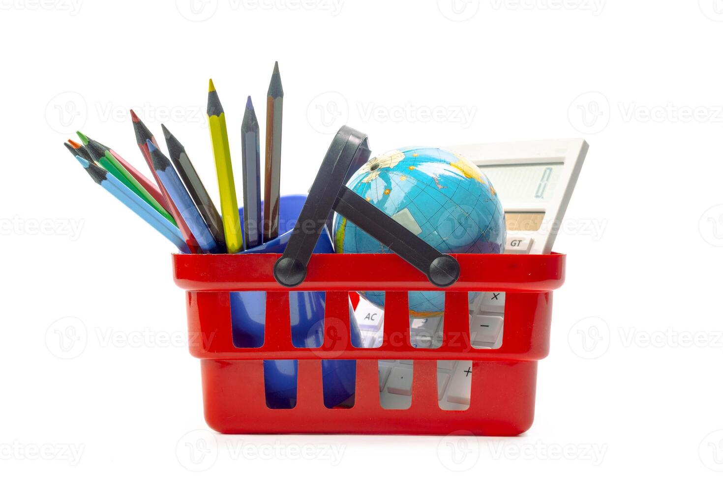 Multiple office tools in a shopping cart, isolated on white background photo