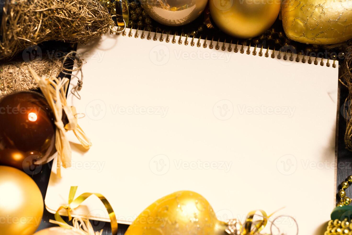 Greeting card mock up with christmas ornaments photo