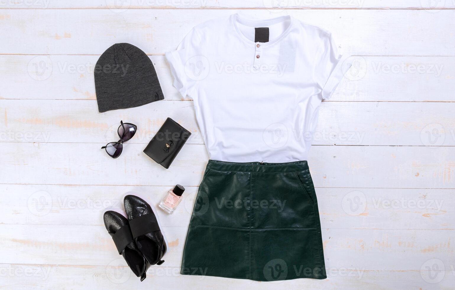 Overhead view of woman's casual outfits photo