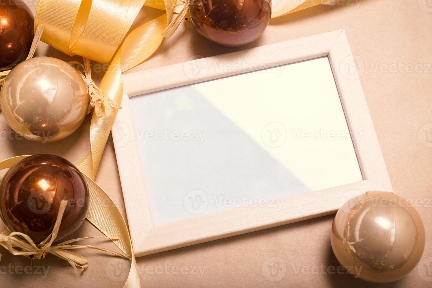 Greeting card mock up with christmas ornaments photo