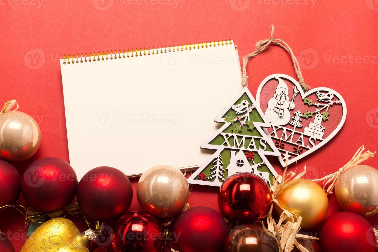 Greeting card mock up with christmas ornaments photo