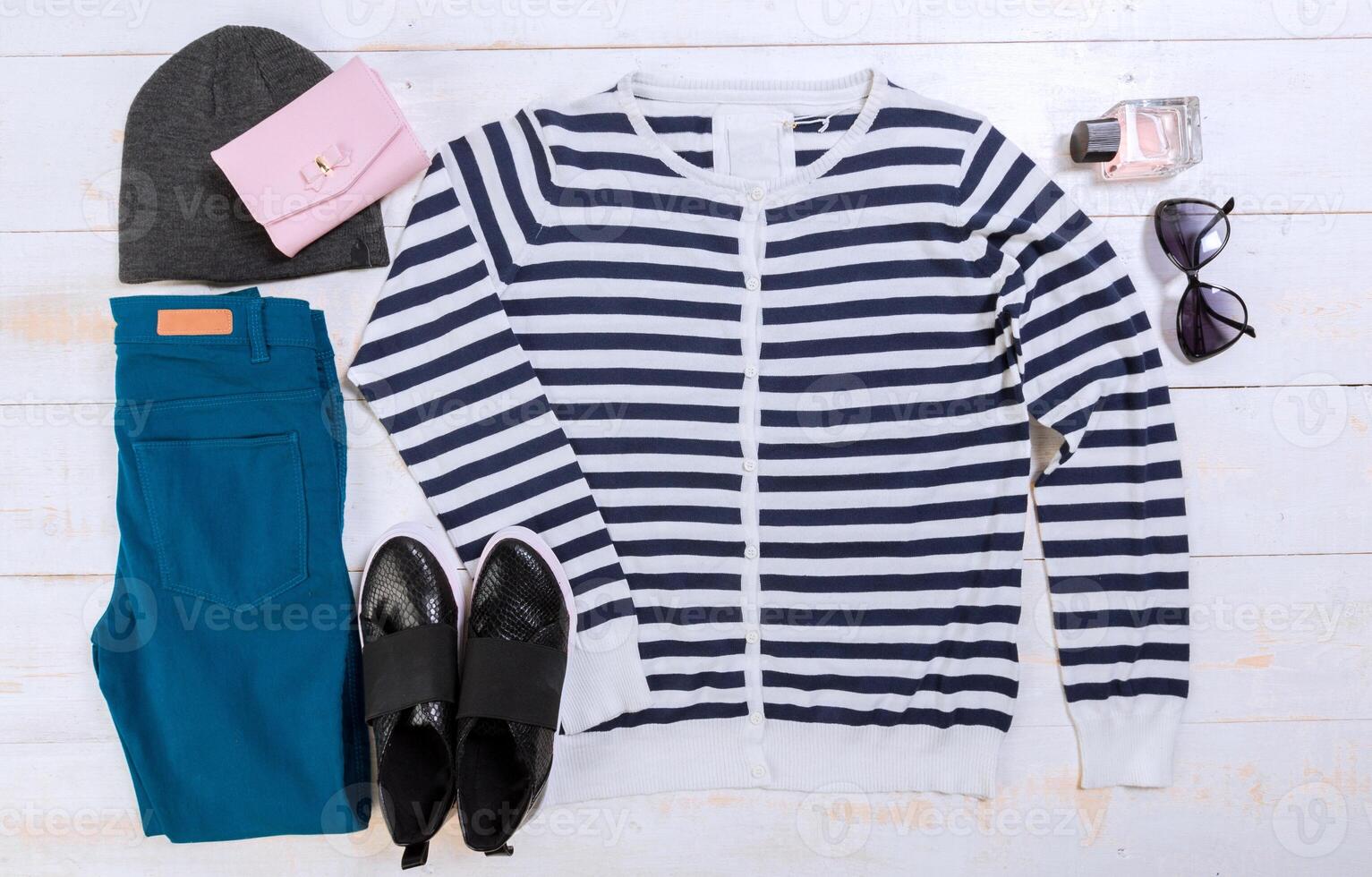 Overhead view of woman's casual outfits photo